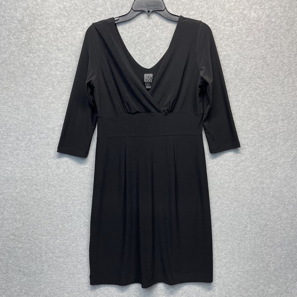 Claraโ Sun Woo Dress Womens Small Black Jersey Stretch Long Sleeve V-Neck